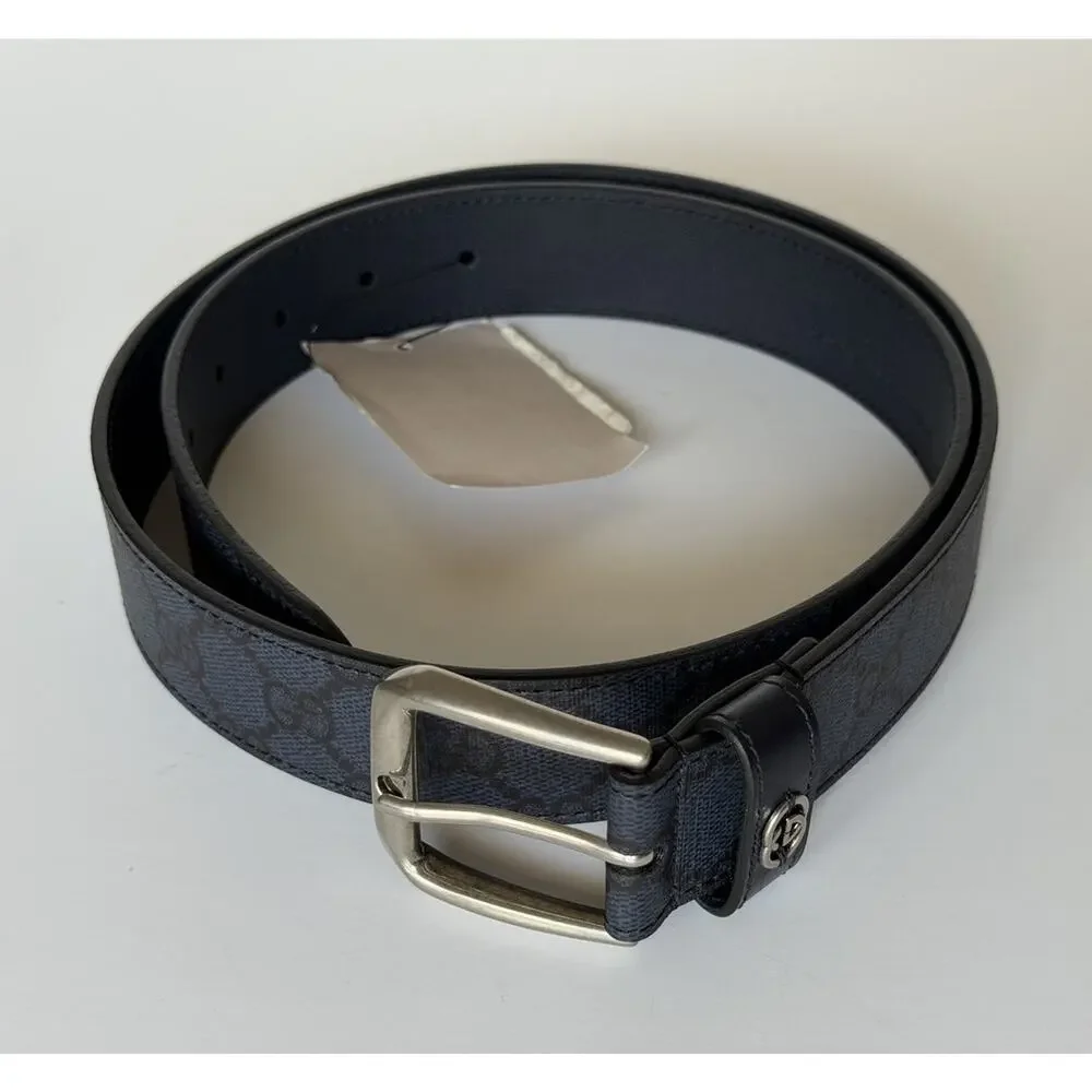 Gucci Interlocking GG Supreme Details Leather Belt Blue/Black 115/46 673921 NWT